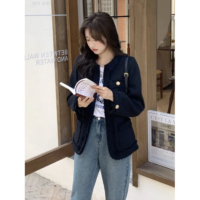 Jaqueta de Tweed Feminina Leve para Primavera, Estilo Coreano Popular para Estudantes Universitárias e Adolescentes, Estilo Preppy para o Dia a Dia e Escola