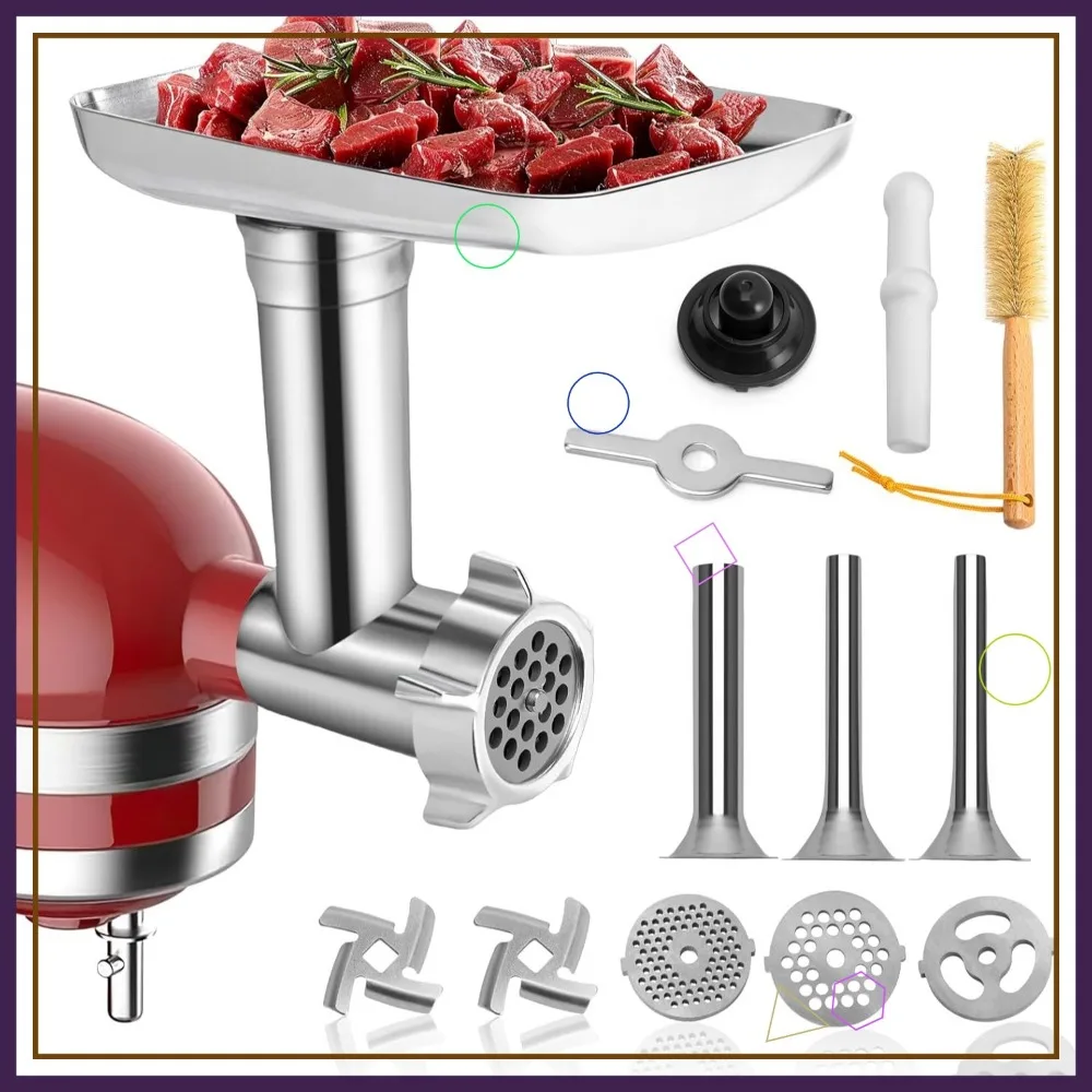 

Metal Food Grinder Attachment with 4 Plates, 3 Sausage Tubes & 2 Blades for Stand Mixers
