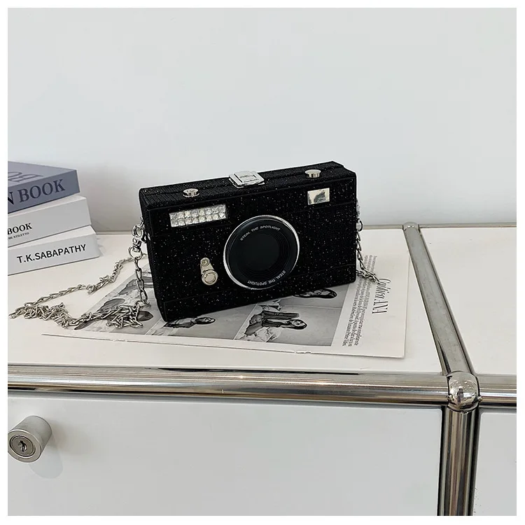 

Женская модная сумка-коробка с блестками, забавная сумка через плечо с цепочкой, новая сумка через плечо в форме камеры