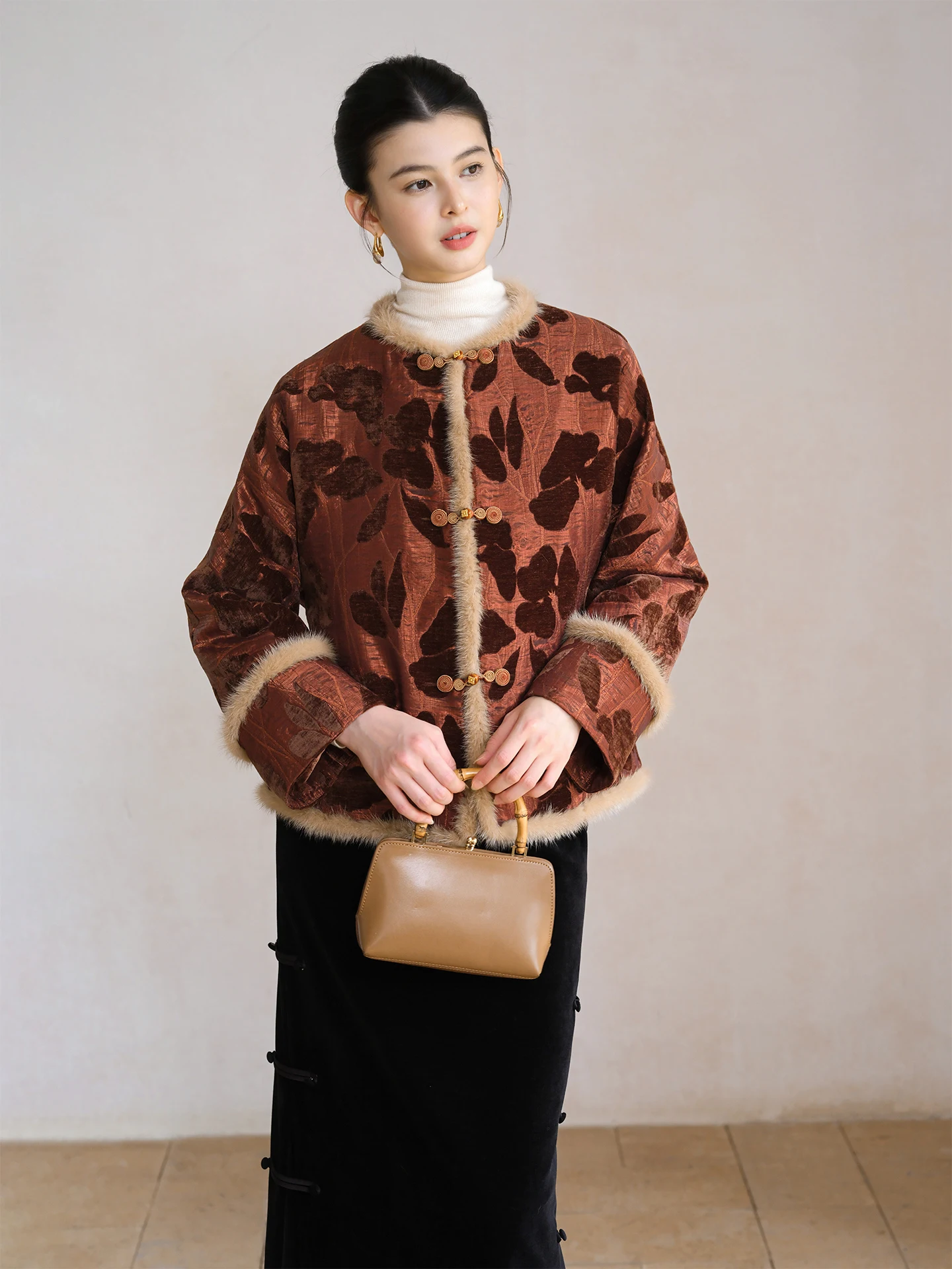 

Ele Waterfall Collar Jaet Women's New Chinese Sle Cotton Coat with Rabbit Fur Trim ort Length round Ne Long Sve