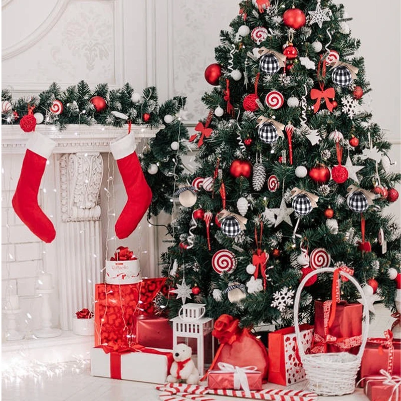 زينة شجرة عيد الميلاد، 12 قطعة مقاس 2-1/2 بوصة أبيض وأسود وخياطة من الخيش وزينة عيد الميلاد