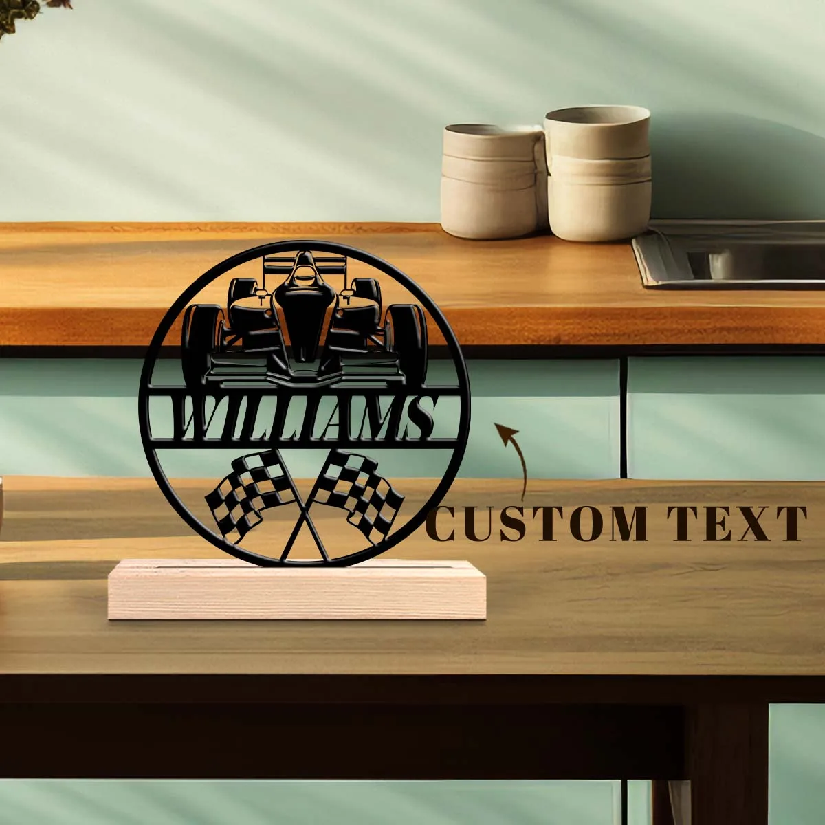 1 Pieza de Adorno de Arte Metálico con Base de Madera y Bandera de Carreras F1 con Nombre Personalizado, Decoración para el Hogar, Oficina, Hotel, Cafetería, Club, Regalo Ideal para Familiares y Amigos