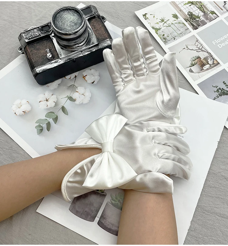 Guantes de novia cortos elegantes para dama de honor, dedo de satén con lazo, para baile de graduación, para desfile