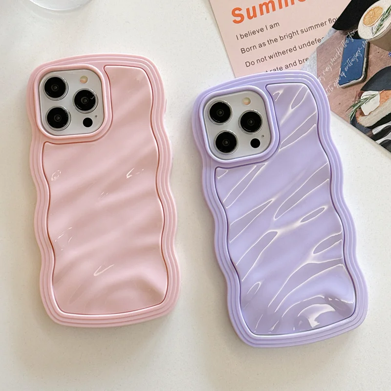 Candy Color Wave Edge Shockproof Phone Case For iPhone 15 Pro Max 11 12 13 14 Pro Max Hard PC Back Cover Coque