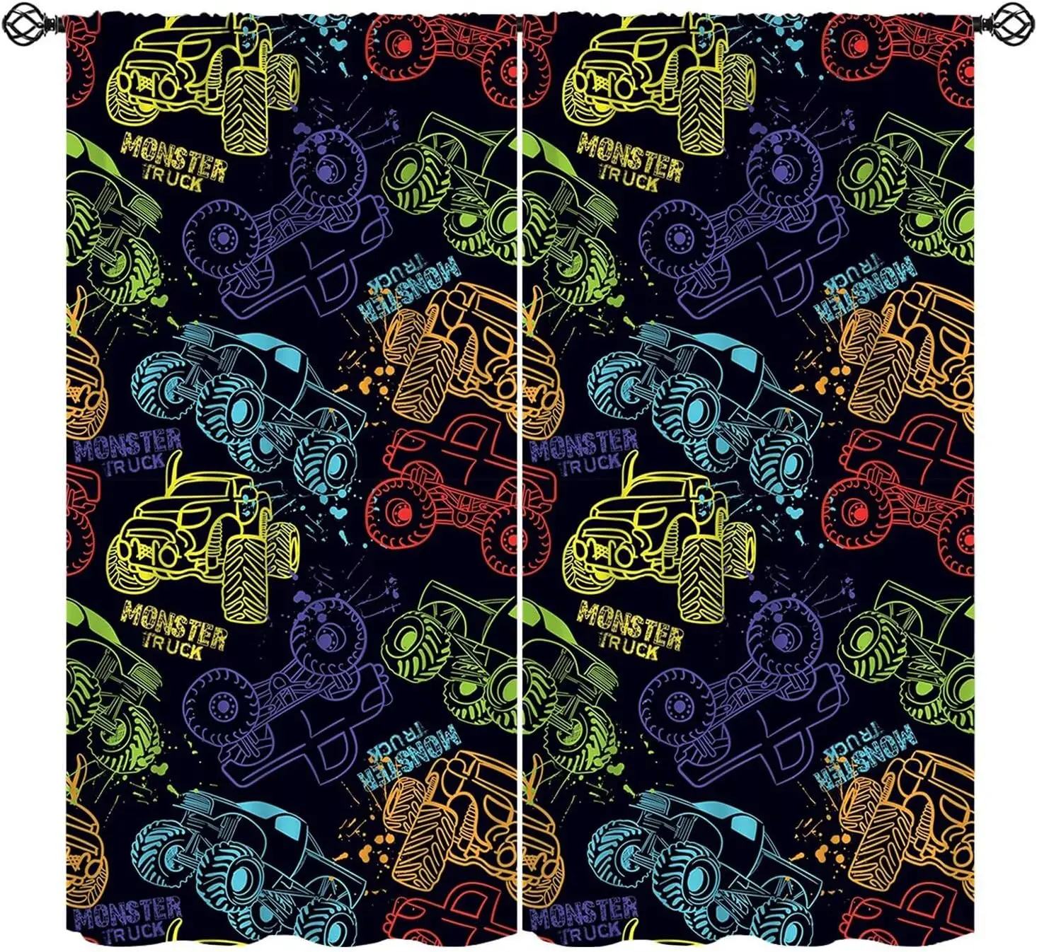 Cool Monster Truck Curtains for Kids Boys Colorful Cartoon Paint Style Doodle Window Drapes for Bedroom Living Room Kitchen Cafe