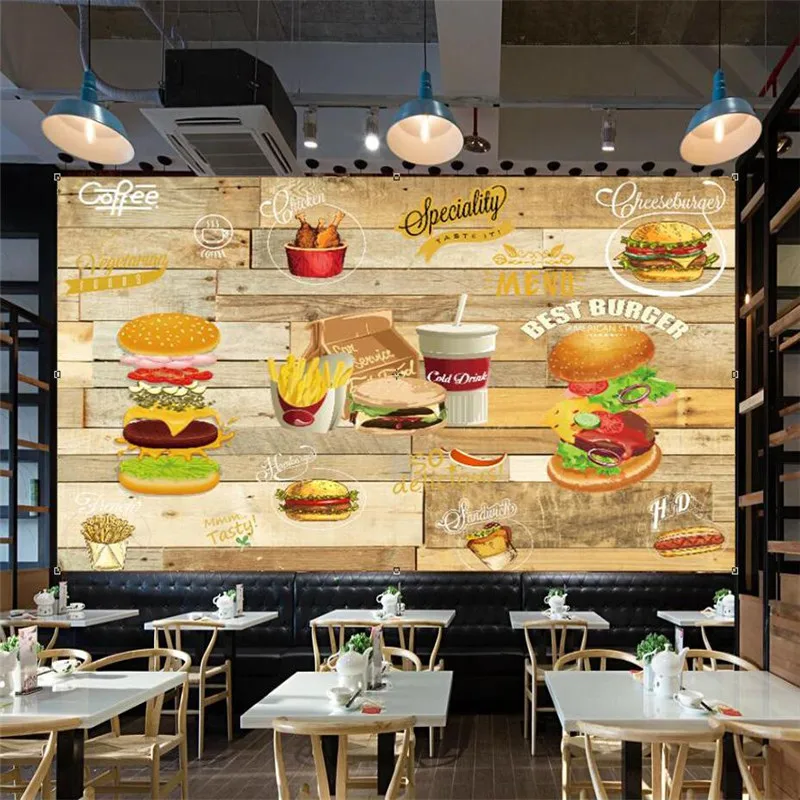 

Custom 3D hand-painted wooden board fast food restaurant background wallpaper Hamburg Western restaurant decor mural wallpaper