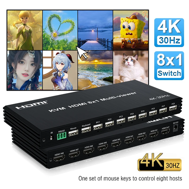 4K KVM HDMI Multi-viewer 8x1 HDMI KVM Multi Viewer Seamless USB Synchronous Switch 8 in 1 out Controller Support Mouse Traversal