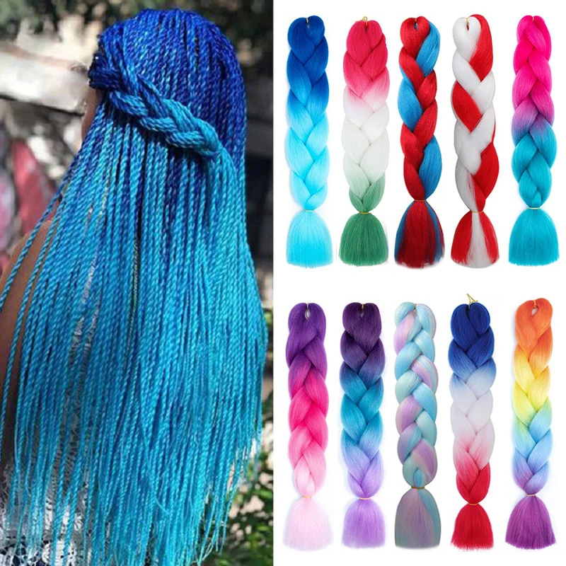 Synthetic Jumbo Braids Hair 24Inch Braiding Hair Extensions Ombre Fake Hair For Crochet Box Braid Blue Purple for Women