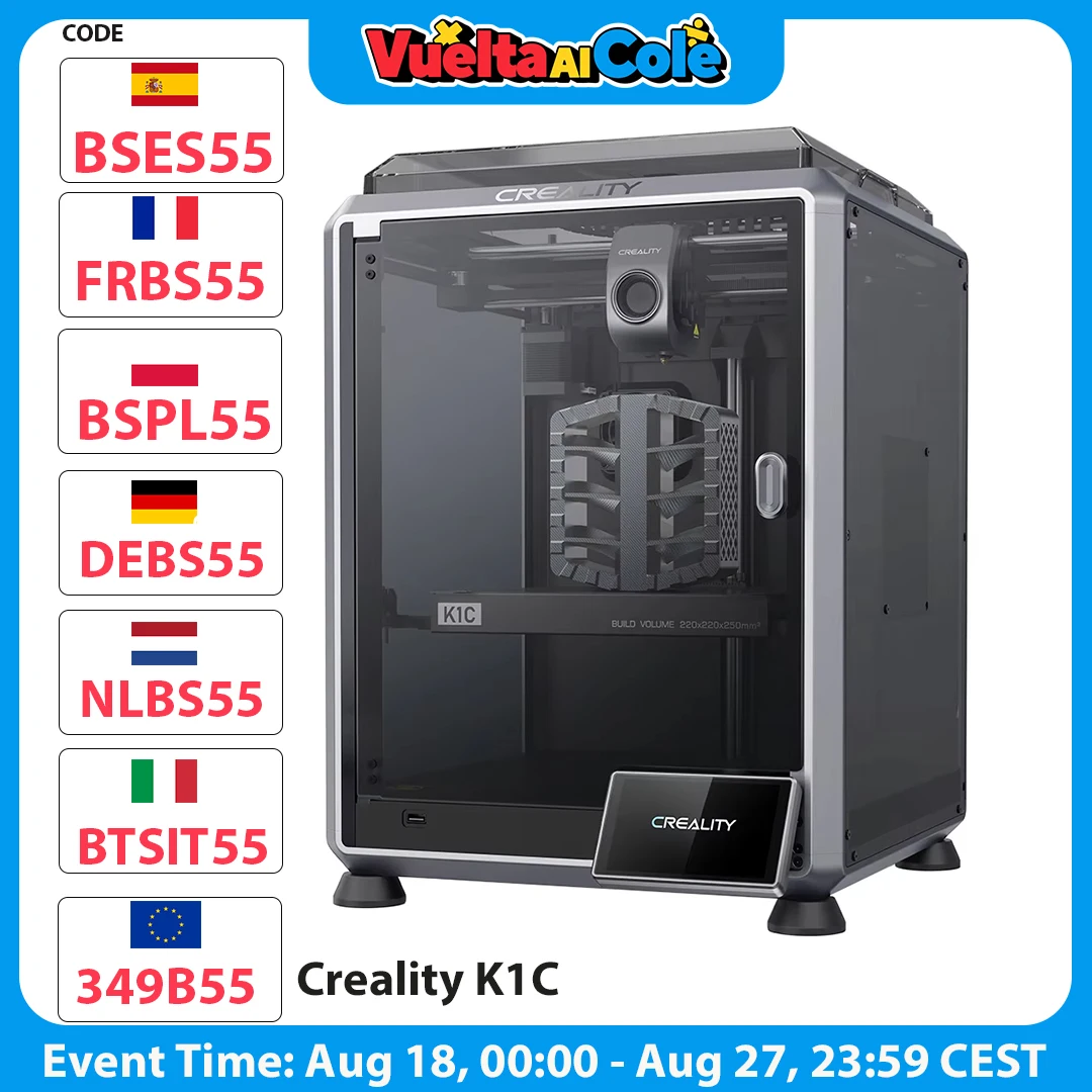 Stampante 3D Creality K1C, velocità massima 600 mm/s, livellamento automatico, fotocamera AI, ugello di scambio rapido, estrusore senza intasamenti, stampe in fibra di carbonio