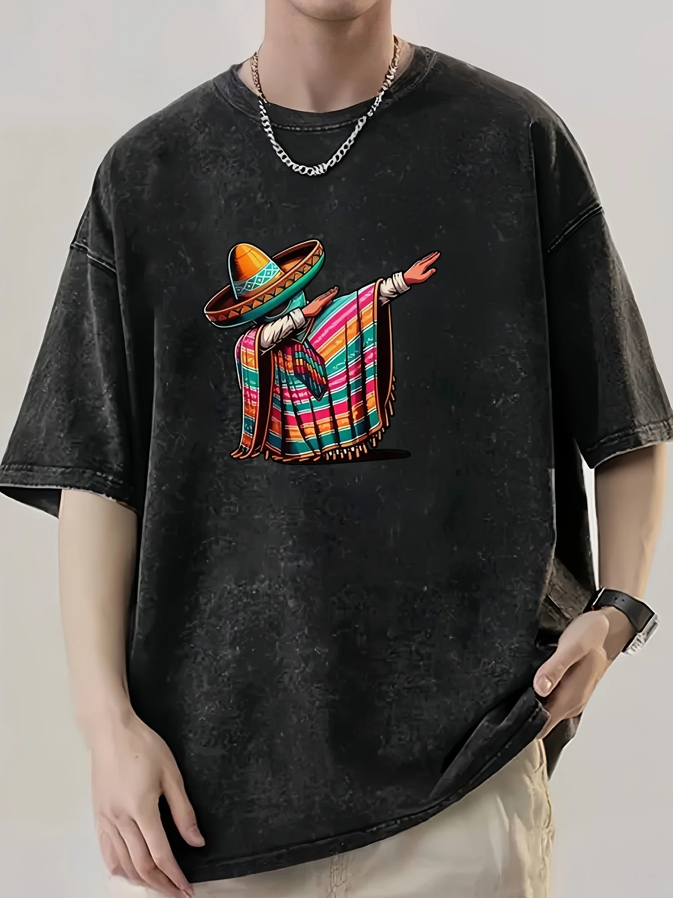 Camiseta de Verano para Hombre con Estampado de Celebración del Cinco de Mayo Mexicano, Estilo Urbano, Hombros Caídos, Vintage, Tejido Lavado Desgastado