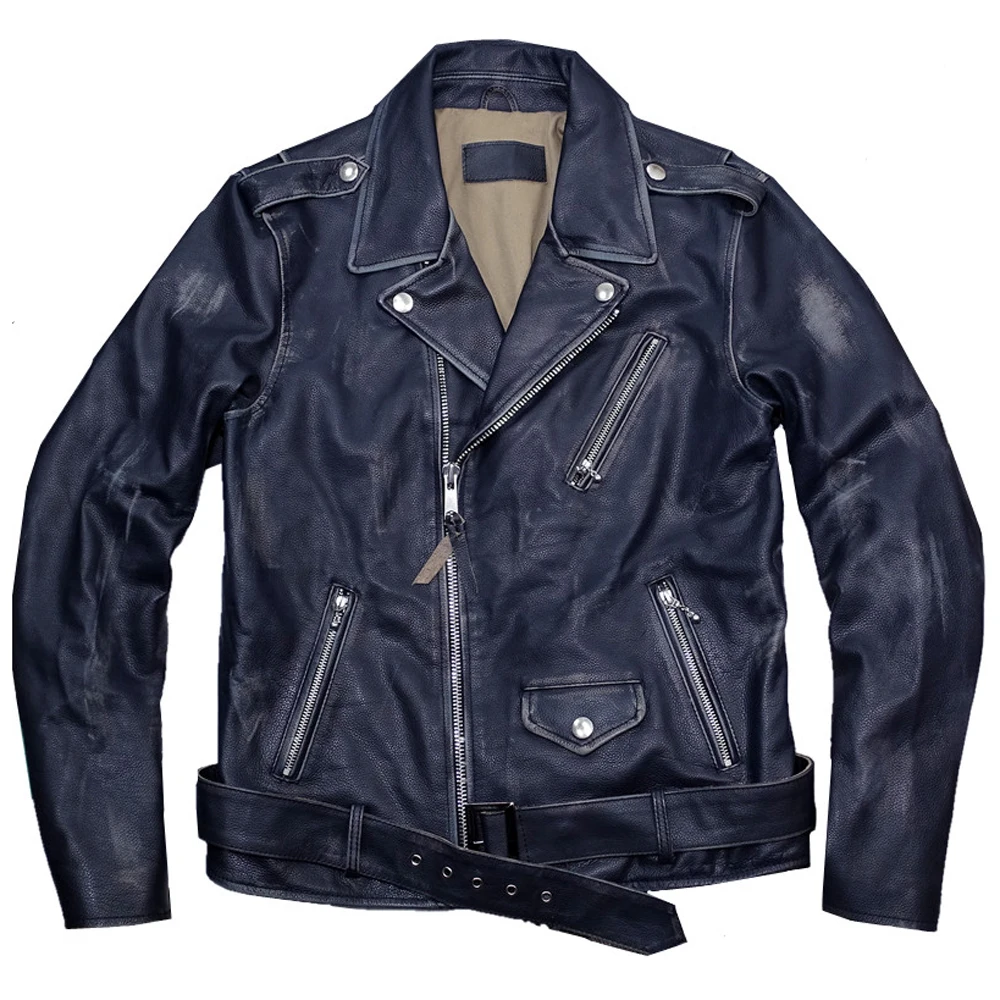 

Genuine Leather Motorcycle Jacket For Men Plus Size 5XL High Quality Street Man Deerskin Coat Winter Real Leather Blue Overcoats