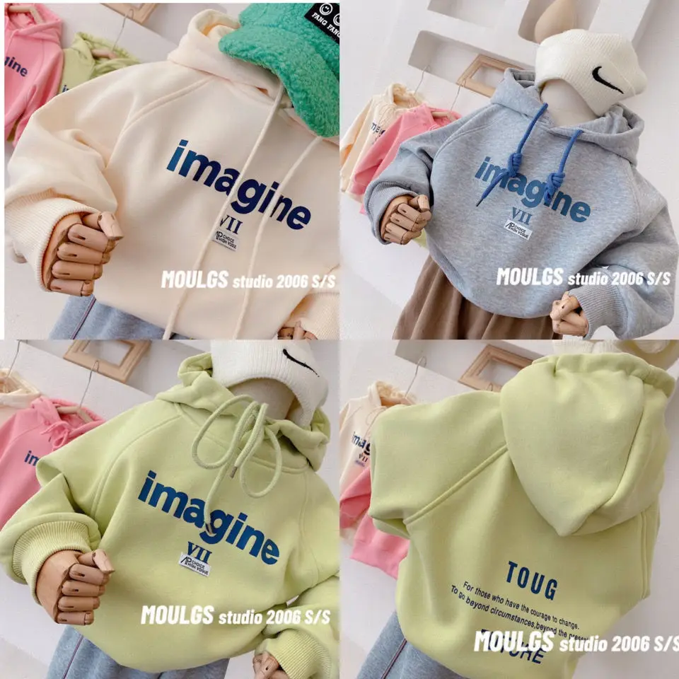 

2022 New Boys and Girls Autumn and Winter Children's Fleece-Lined Hooded Top Baby Fashionable Sweater Candy-Colored Letters