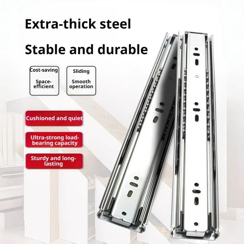 3‑Tier Stainless Steel Drawer Runner, Silent Hydraulic Damping Soft‑Close Buffer Slide Rail for Cabinet Keyboard Drawer Furnitur