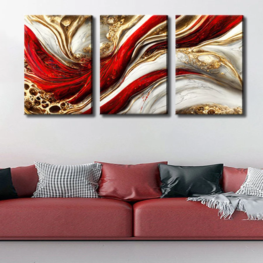 3 piece set of abstract diamond painting cross stitch modern red and gold 5D DIY diamond embroidery mosaic rhinestone wall art