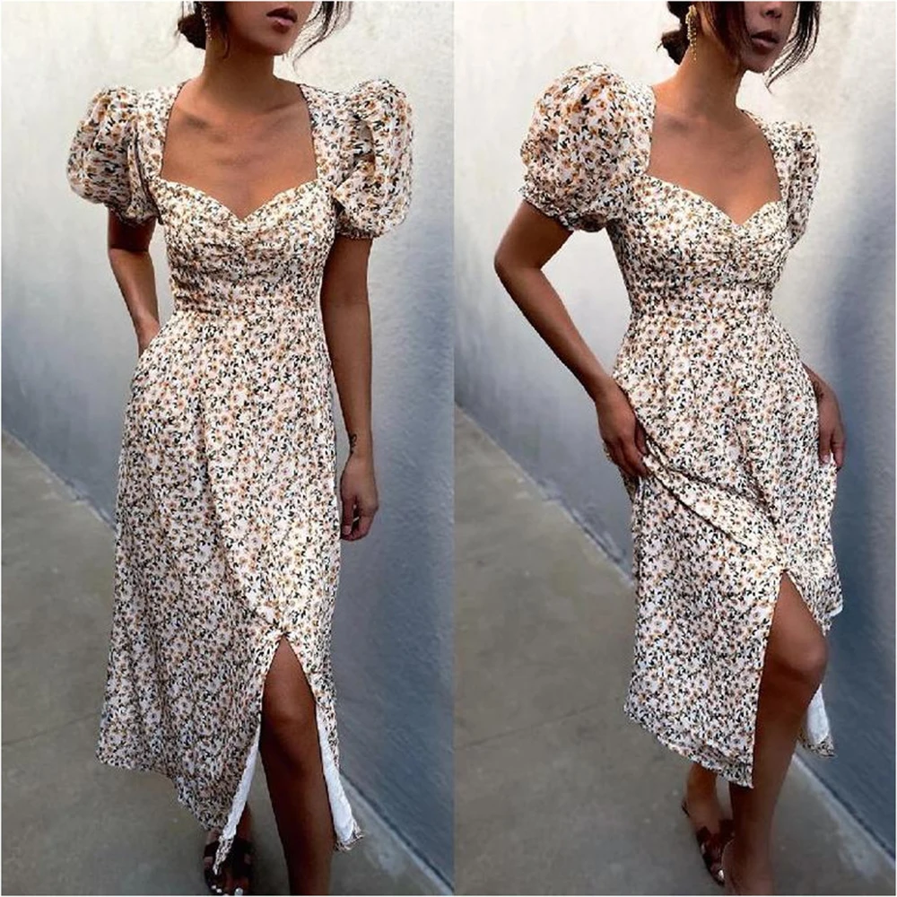 

Puff Short Sleeve Women Summer Midi Dress Nice Vintage V Neck White Floral Print French Style Sundress Sexy Slit Party Dresses