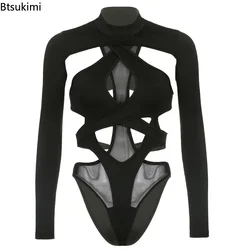 2024Women's Sexy Hollow Out Bodysuits Black Backless Bandage Rave Festival Clothing Long Sleeve Bodycon Body Feminino Top Romper