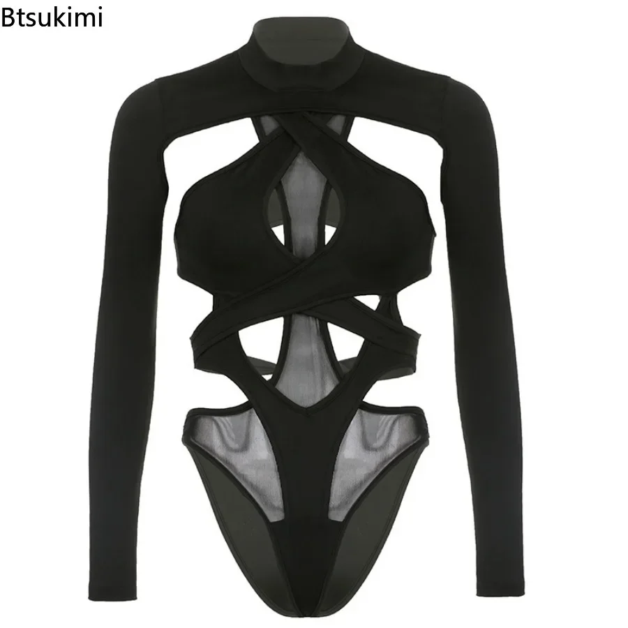 2024Women's Sexy Hollow Out Bodysuits Black Backless Bandage Rave Festival Clothing Long Sleeve Bodycon Body Feminino Top Romper