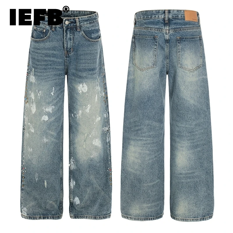 IEFB American Style Ink Splash Rivet Design Washed Men's Jeans Niche Chic Blue Denim Wide Leg Pants Straight Trousers 9X2221