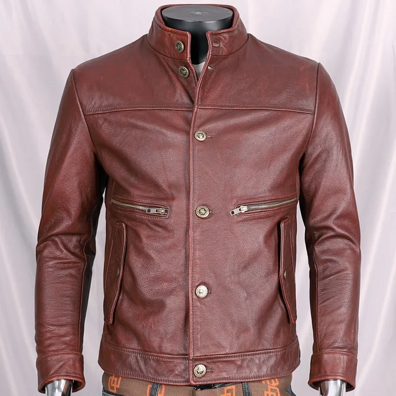 2024 New Fashion Autumn Men's Short First Layer Cow Leather Coat Red Bottom Wash To Do Old Geniune Leather Young Men Cothing