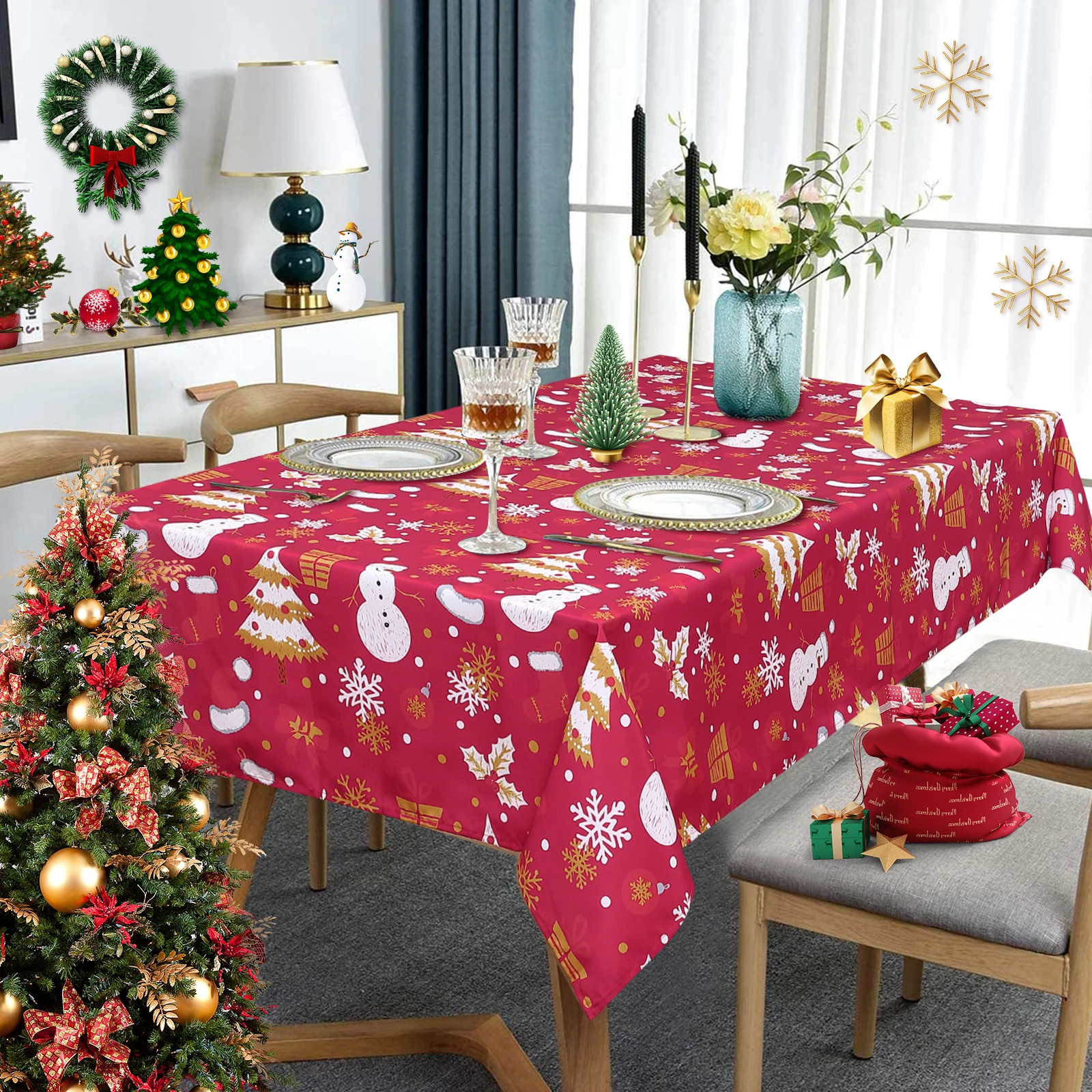 Nappe de Noël imperméable – Ronde ou rectangulaire, anti-taches, facile d'entretien – Nappe en tissu pour salle à manger, cuisine, buffet, extérieur, camping – Décorative en rouge – Différentes tailles