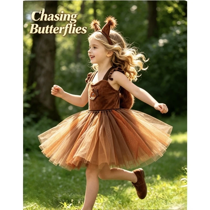 Kids Squirrel Dress Animal Costume Children Day Stage Outfit Role Play Toddler Girl Carnival Dress Up Casual Performance Costume