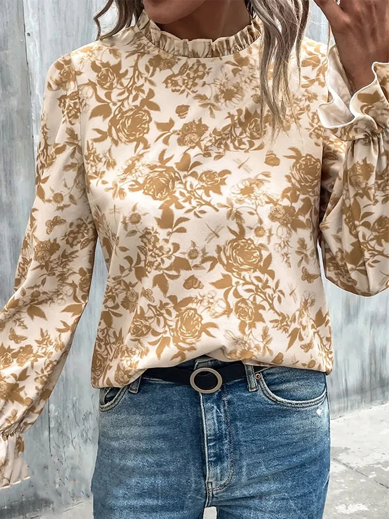 Floral Print Long Sleeve Blouse Elegant Mock Neck Ruffle Trim Back Keyhole Blouse Women\'s Clothing