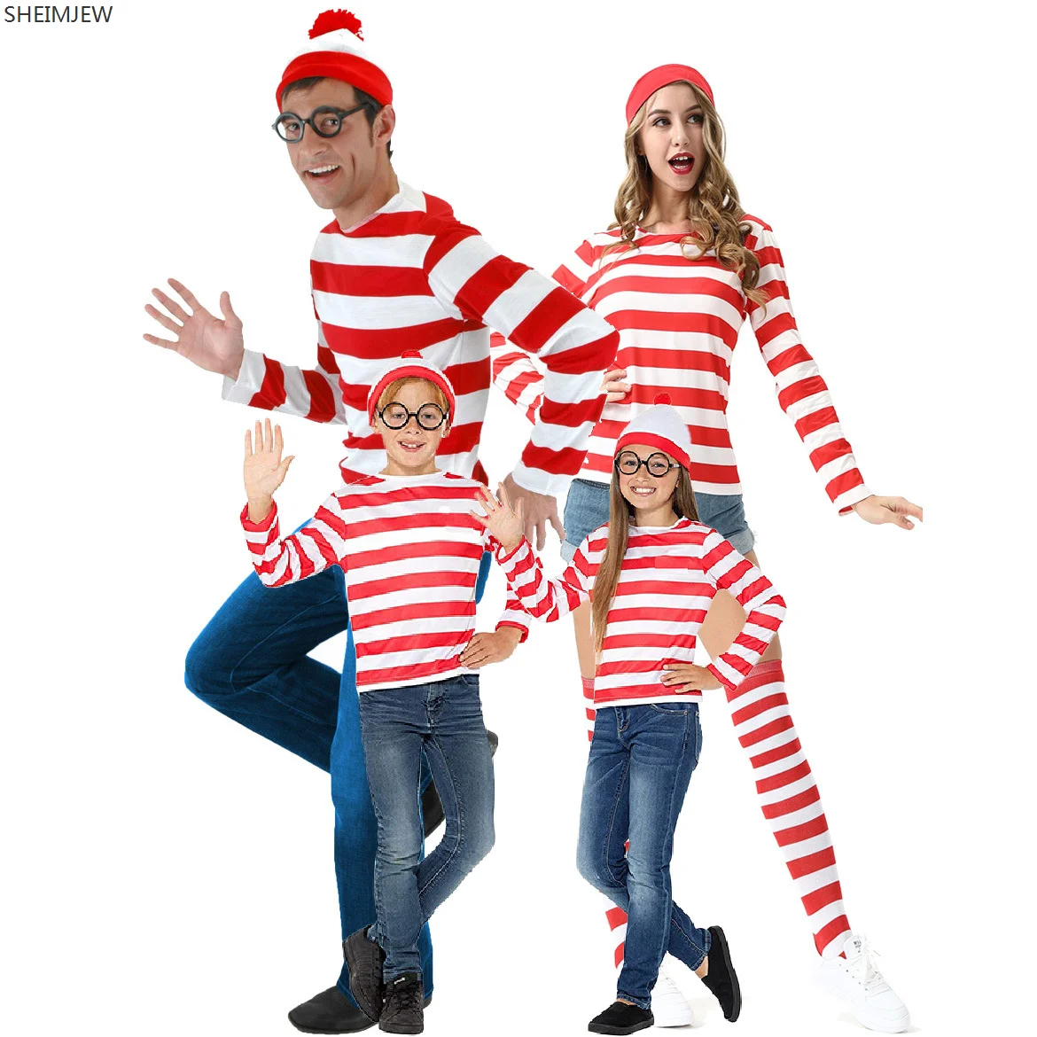 كرنفال تأثيري Kostuum Forperformance الزي S-XXL Ouder-kind الكرتون Wer Is Wally Waldo Kostuum Streep قميص Hoed Bril Kit