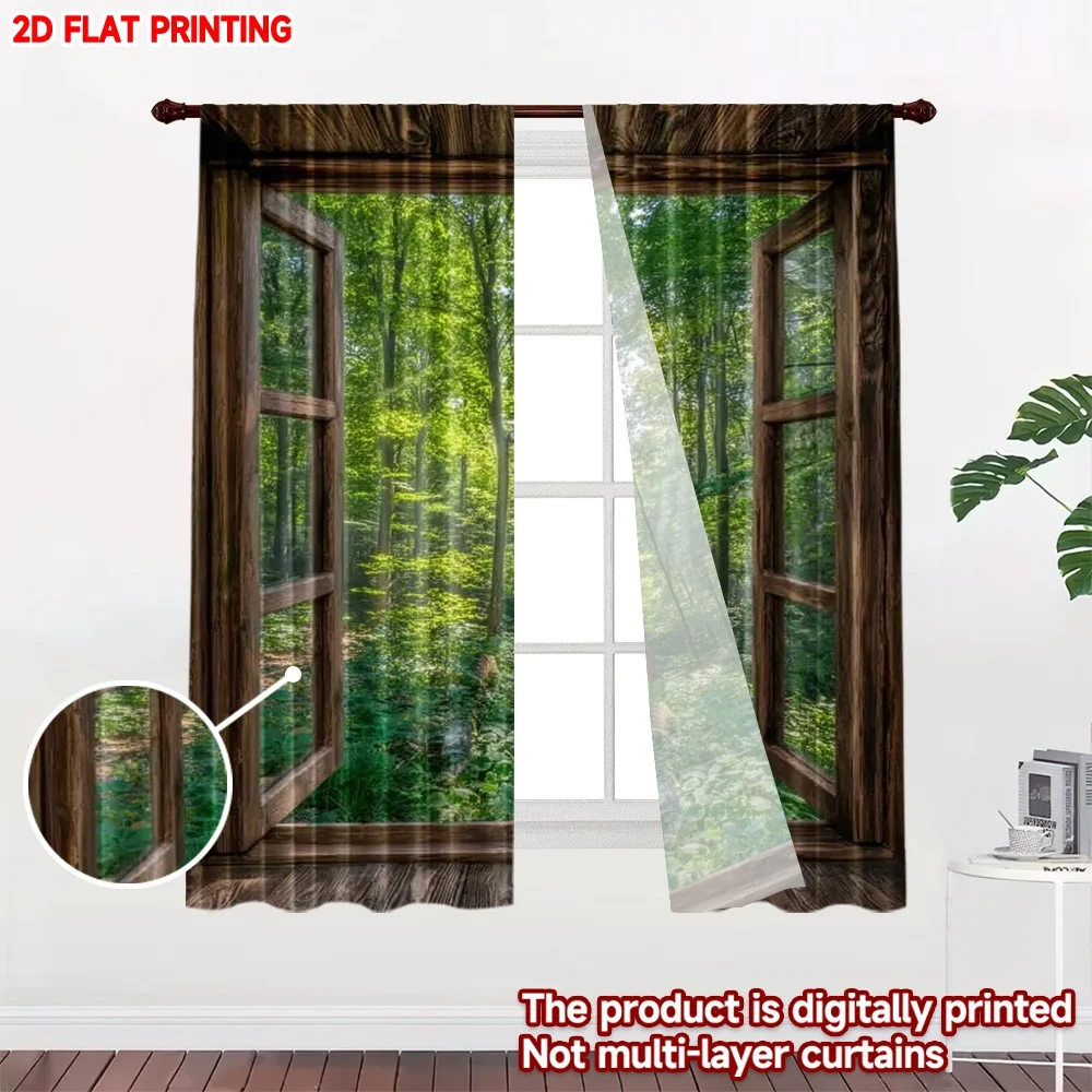 2D flat printing 2pcs Scene Curtain Forest View from Digital Printed Polyester Drapes Festive Holiday for New Year Celebrations