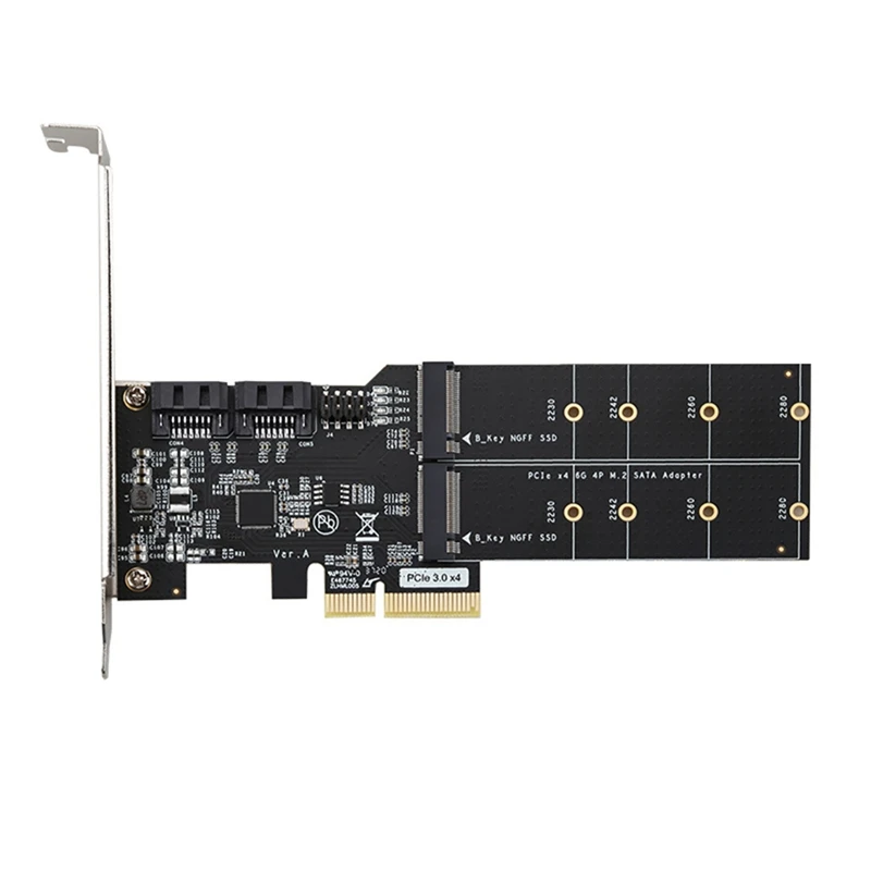 Placa adaptadora PCIE3.0 X4 para 2 portas M.2 (B-KEY) e SATA3.0 de 2 portas com suporte para taxa de comunicação 6,0 Gbps / 3,0 Gbps / 1,5 Gbps