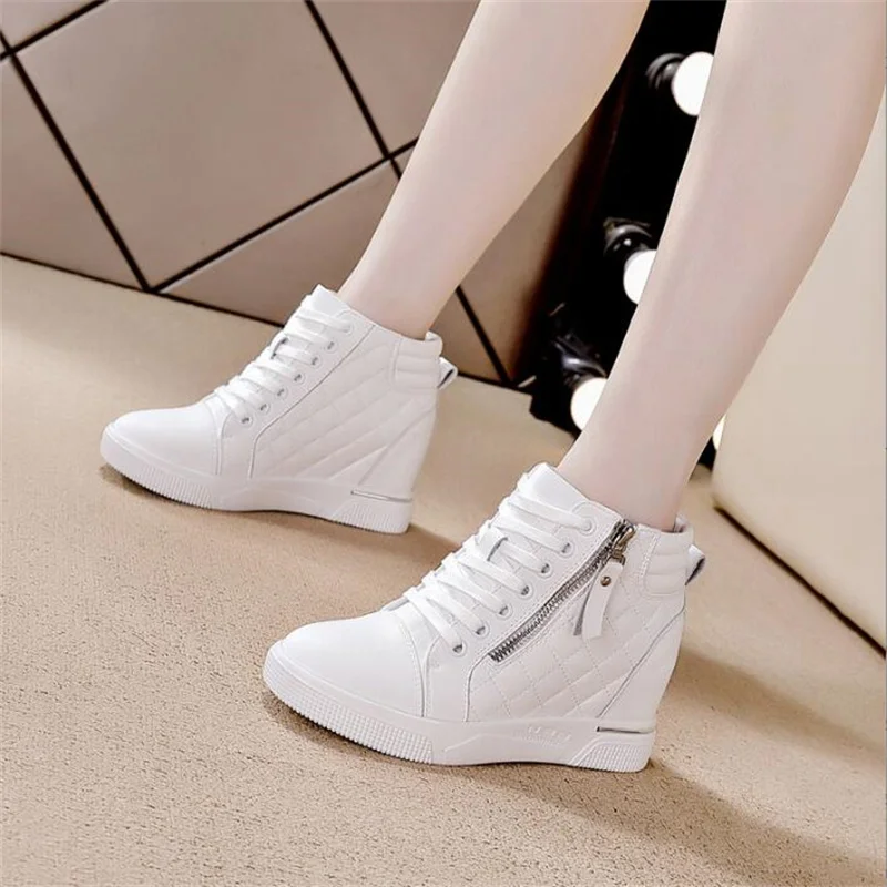 7cm Leather Microfiber Casual Platform Wedge Sneakers Women Shoes Hiden Heel Pumps Boots Women Spring Autumn White Black Shoes