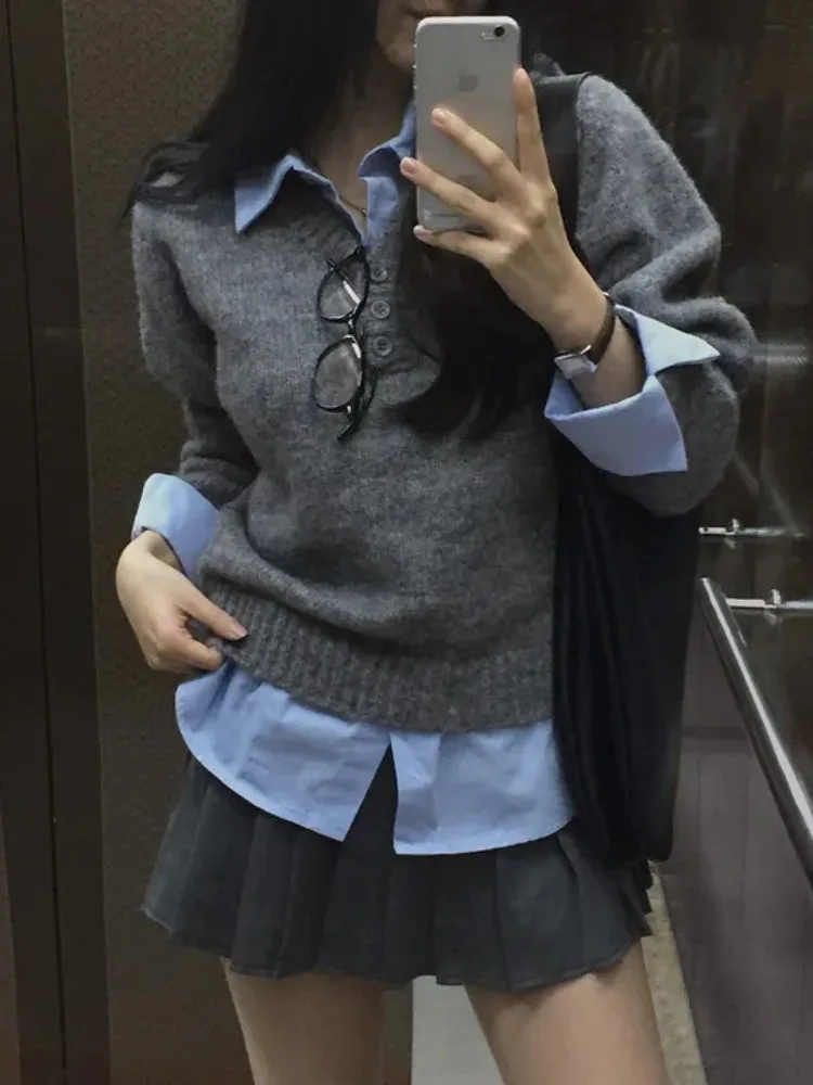 

Шикарный ранний весенний вязаный топ в консервативном стиле с длинным светом, женский мягкий уютный воротник, искусственный двухсекционный универсальный модный