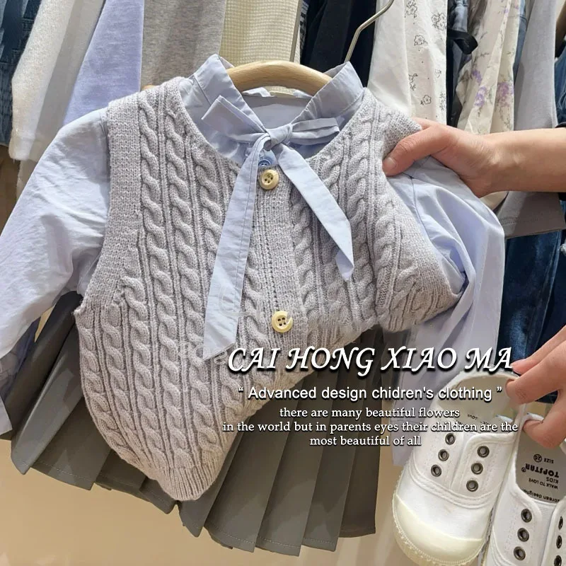 

Girls Knitted Vest 2024 Spring and Autumn New Children Preppy Knitted Vest Baby Korean Simple Style Vest Clothes Simple Casual