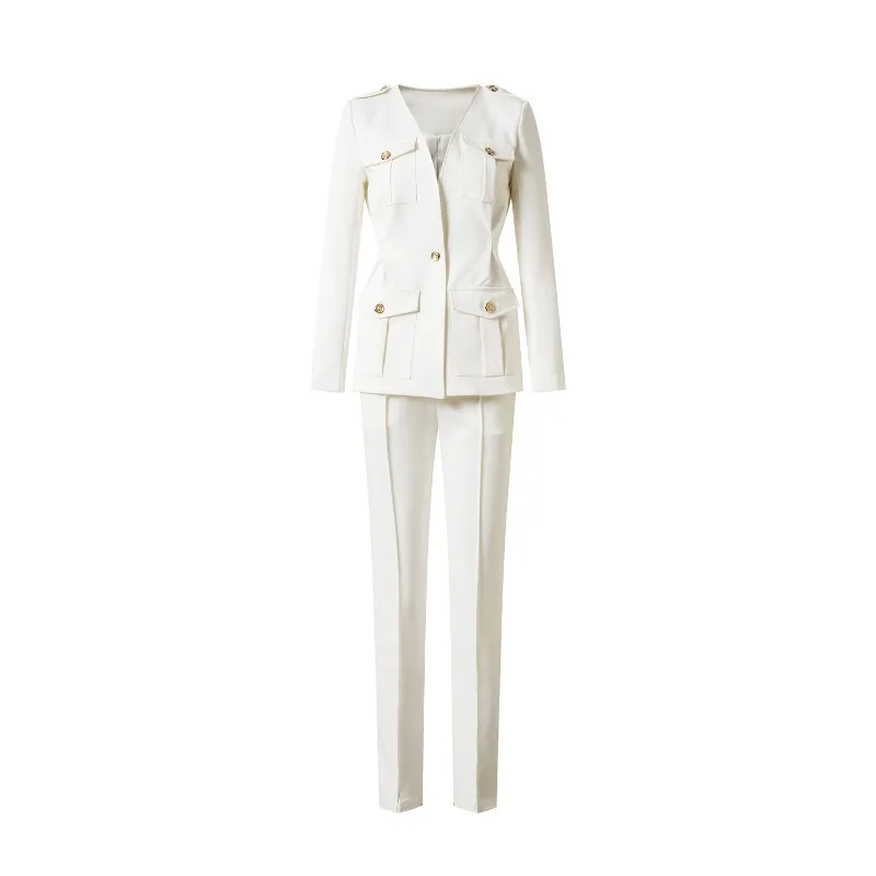 Pure white long-sleeved slim temperament commuter professional casual suit trousers suit women
