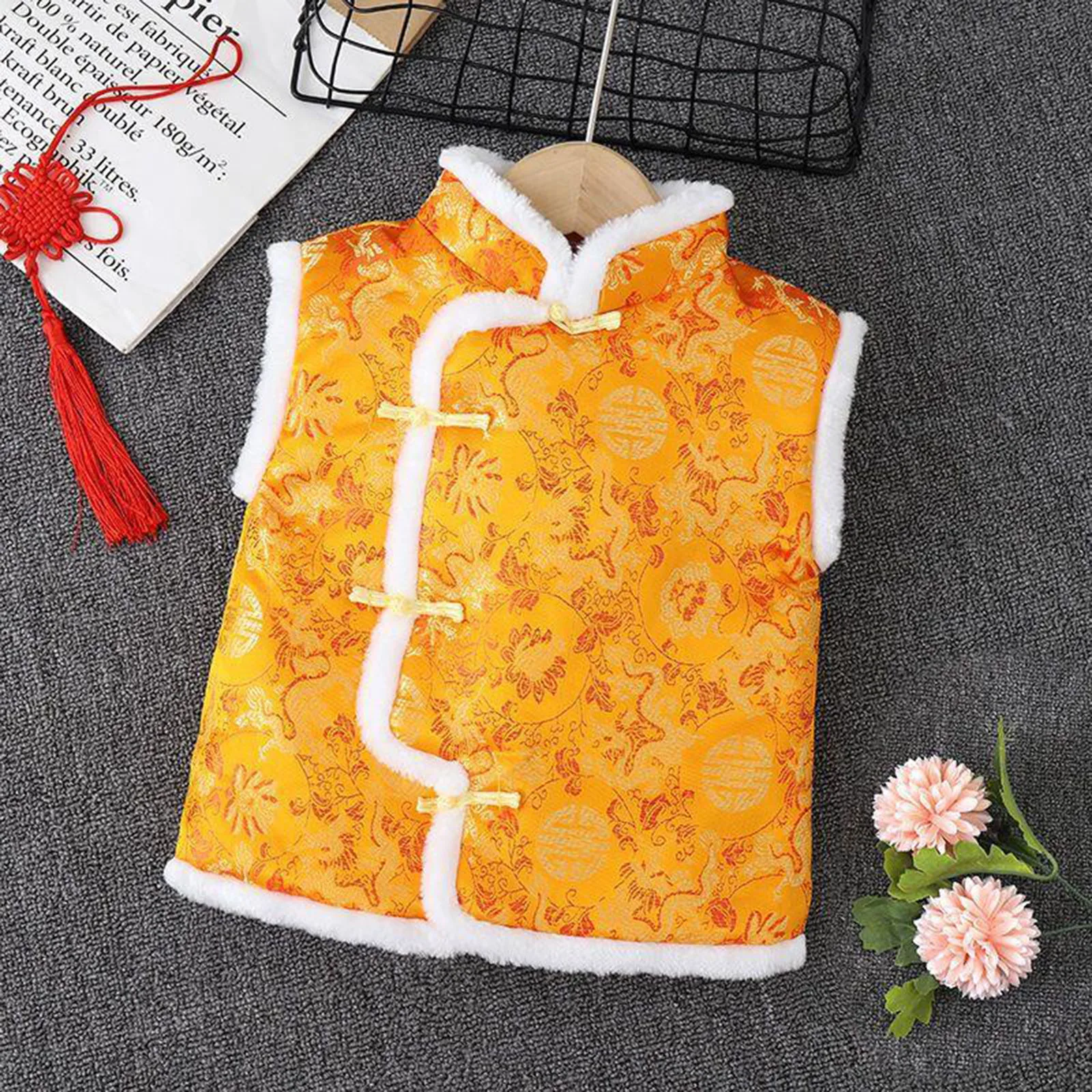 Pink Flower Children Waistcoat Fleece Baby Girl Vest Qipao Clothes Spring Festival Kid Coat Cheongsam Outfits Outerwear Tank Top