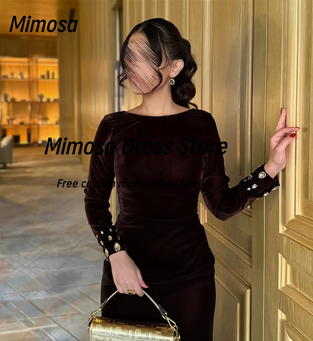 Mimosa Abiti da ballo sexy aperti sul retro Cristalli Abiti da sera a maniche lunghe Le donne saudite indossano abiti da festa in velluto personalizzati