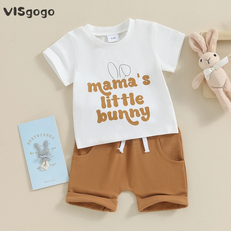

VISgogo 2 Pcs Toddler Boys Summer Clothes Set Letter Print Short Sleeve T-Shirt and Elastic Waist Shorts Casual Easter Outfits
