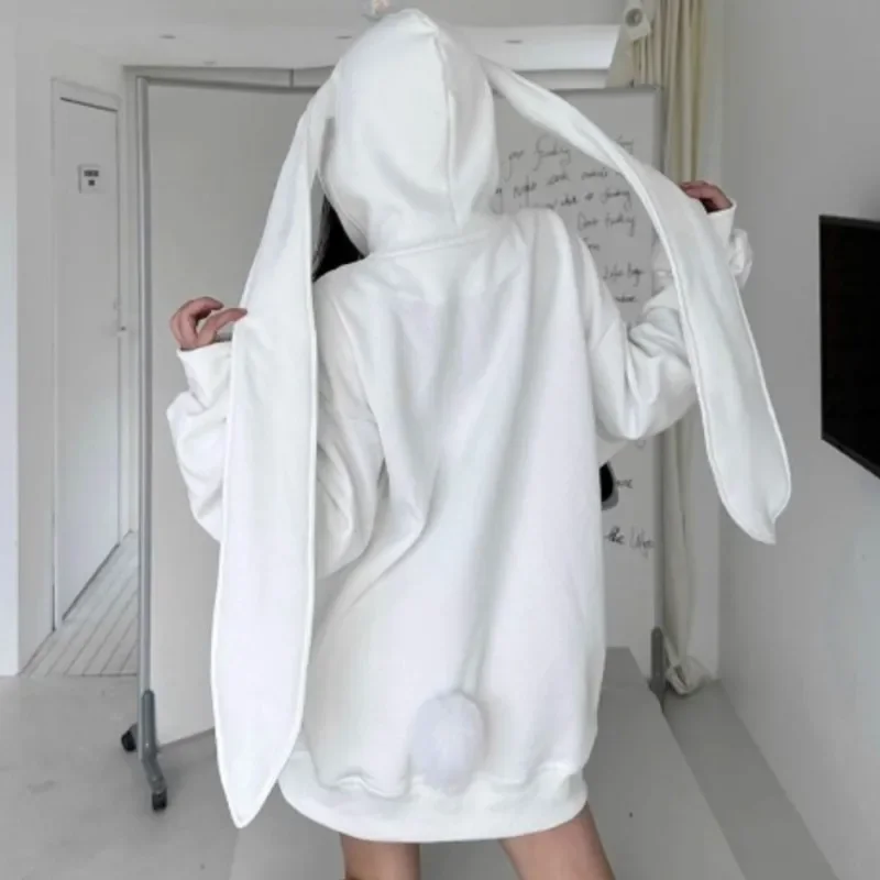 트렌디한 보라색 토끼 소녀 귀 후드 스웨터 긴 귀가 달린 여성용 오버사이즈 후디 루즈 지퍼 가디건 코트 의류 화이트