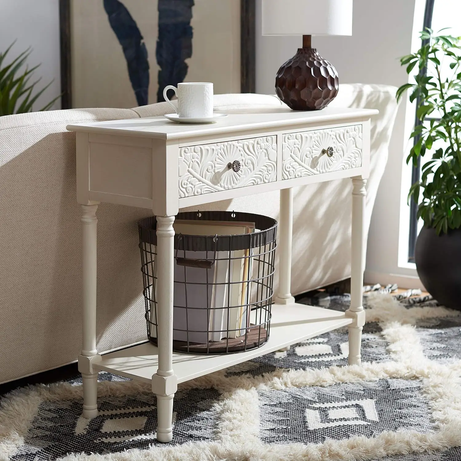 Home Collection Josie Distressed White 2-Drawer Console Table