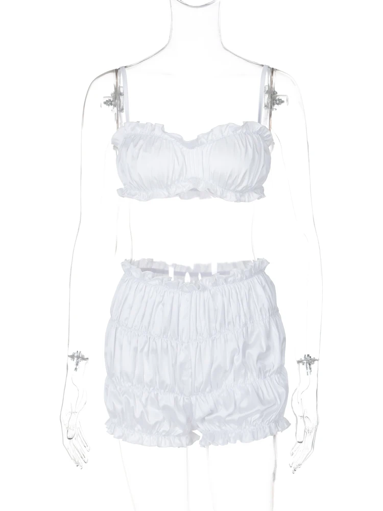 Whatiwear ruched elegante conjunto de 2 peças Woemn verão tendência babados sexy skinny camisole + shorts férias moda praia roupas de festa