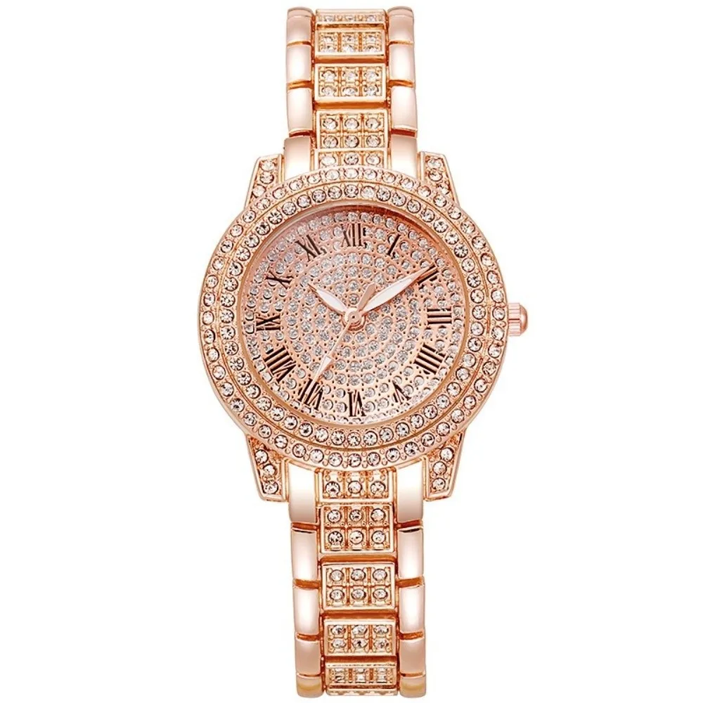 Luxury Stainless Steel Band Wrist Watch Rhinestone Dial Full Diamond Bling Bracelet Watch Quartz Wristwatch Women