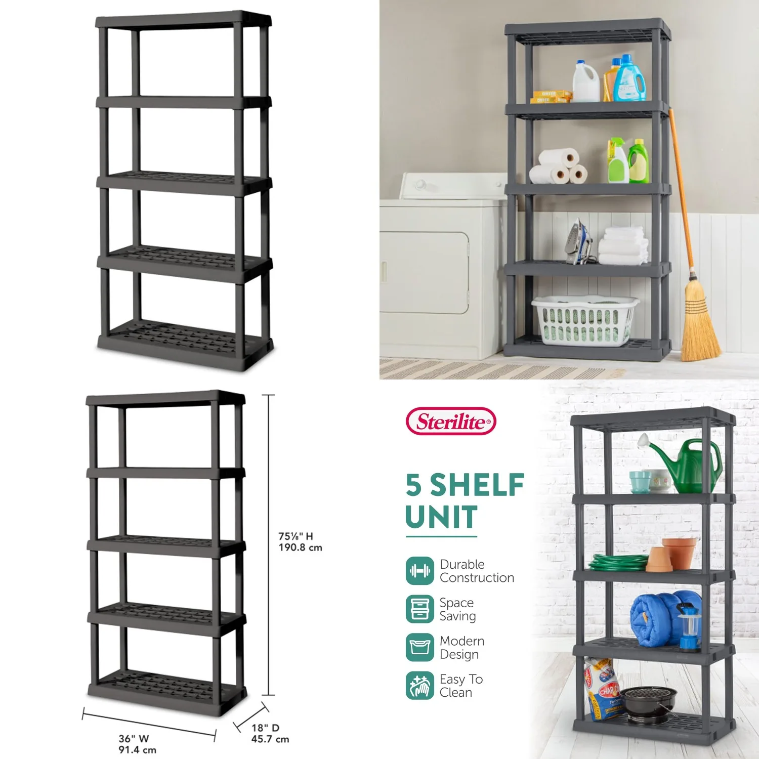 

4-Pack 5 Shelf Unit, Heavy-Duty Shelving Storage Rack for Home and Garage, Gray - Multipurpose Plastic Organizer, Customized