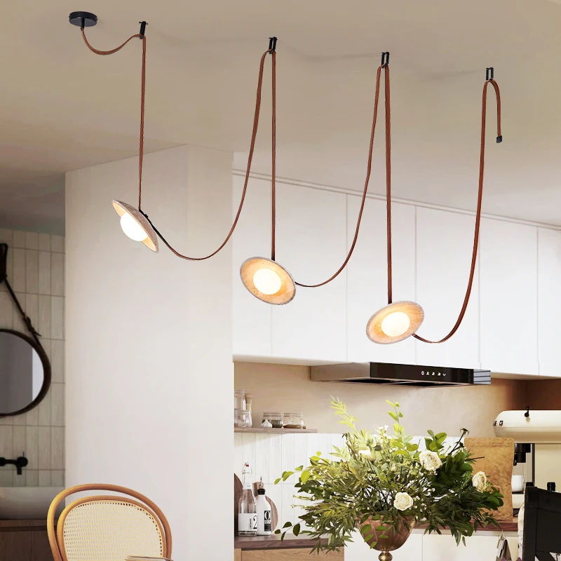 Nordic Yellow Cave Stone Chandelier Modern Leather Belt Restaurant Pendant Lamp Retro Living Room Home Decor Lighting