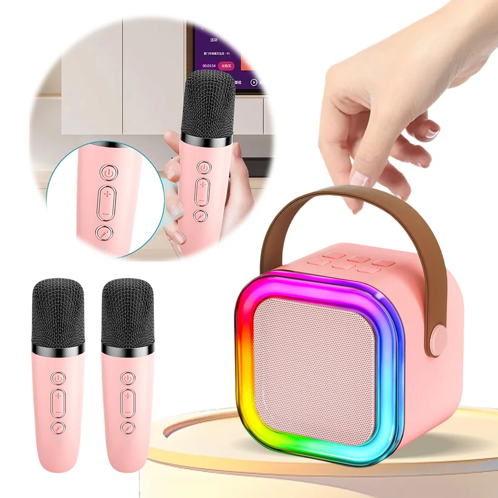 Bluetooth-Compatible 5.3 Karaoke Machine Toy with Wireless Mic Small Speaker Adjustable LED Lights for Home Karaoke