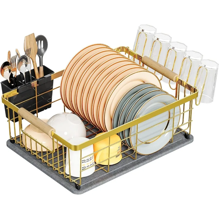 

Dish Drying Rack Gold with Diatomaceous Earth 1 TierMultifunctional Dish Racks for Kitchen Counter QuickDrying Large Capacity S