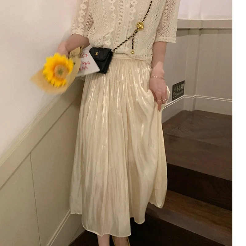 Women's Summer 2024 Chic New High Waist A-Line Mid Length Combination Fashion Solid Color Folds Slim Leisure Flowing Light Skirt