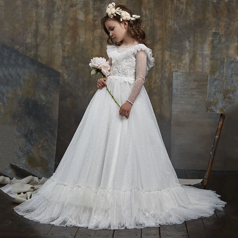 Children's Wedding Dress Long Sleeve Lace Trailing Birthday Performance Girls Fluffy Dress Girls Dresses for Party and Wedding