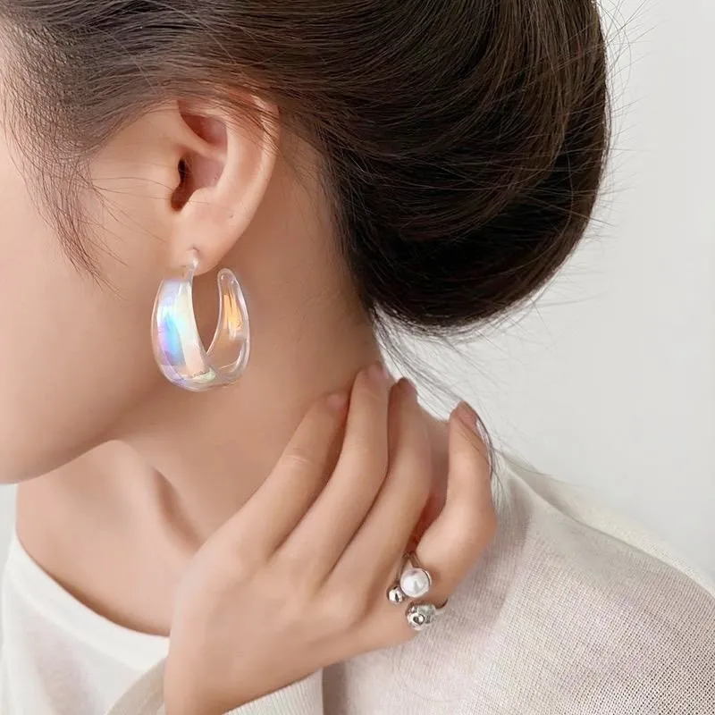 Korean Acrylic Resin AB Colors Wide C-Type Drop Earrings for Women Exquisite Transparent Colorful Geometric Jewelry Girl Gift