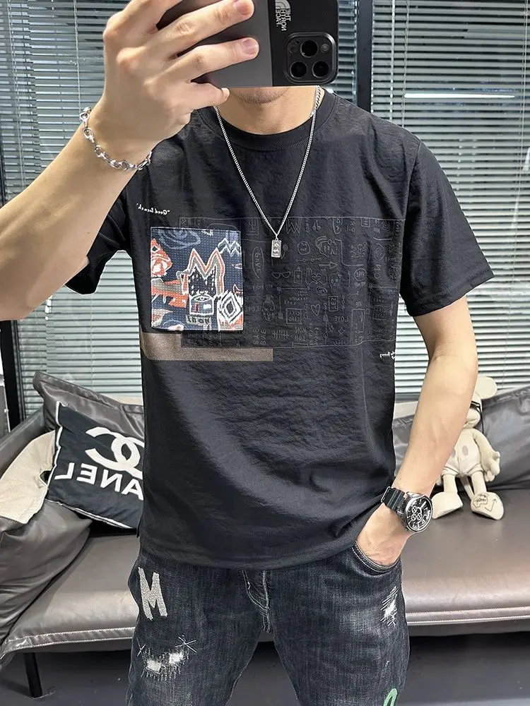 Nueva camiseta de manga corta de algodón y lino para hombre, Top fino informal transpirable de seda helada con cuello redondo