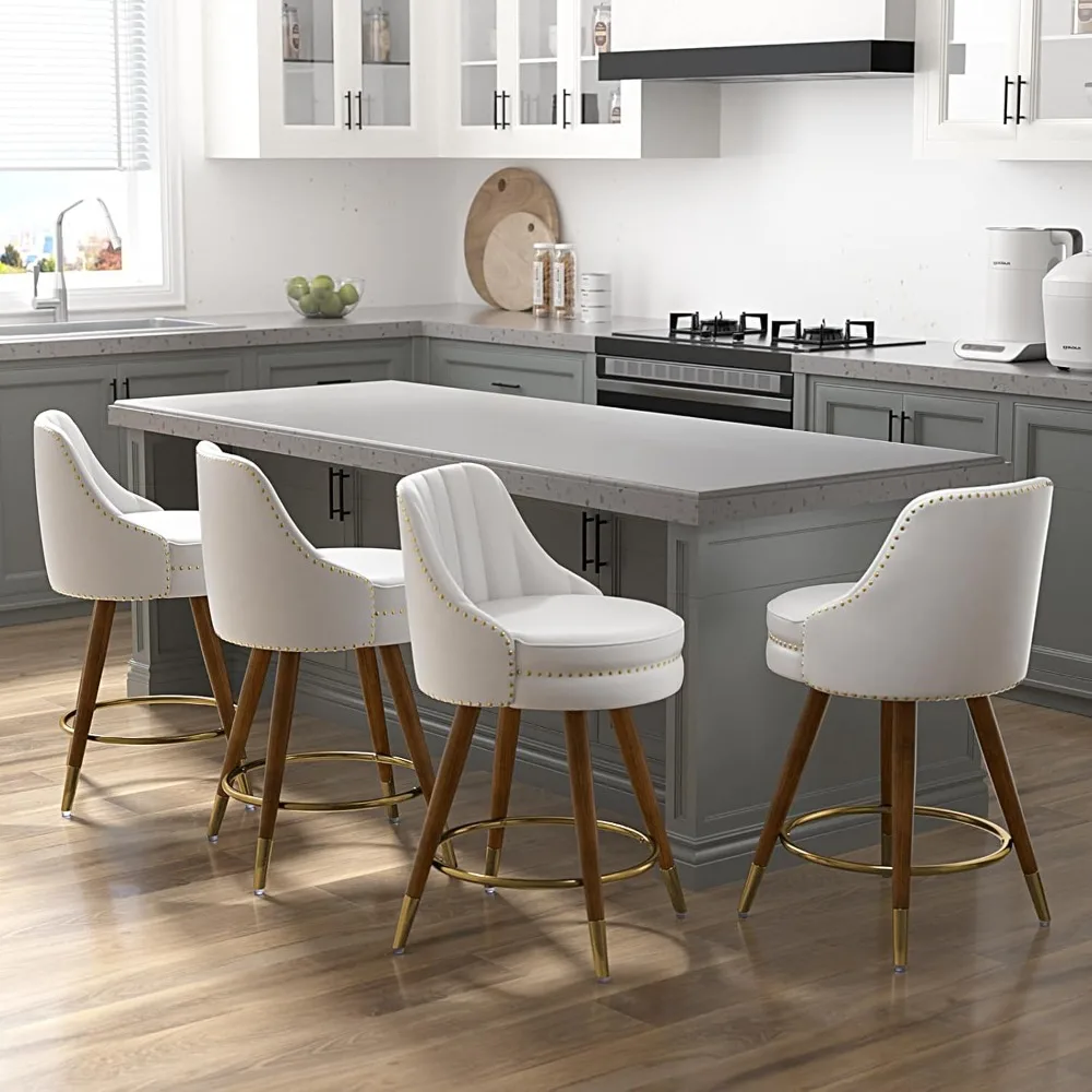 

Counter Height Bar Stools Set of 4, 24" Leather Bars Stool with Backs, Swivel Counter Stool with Wooden Legs, Bar Stools