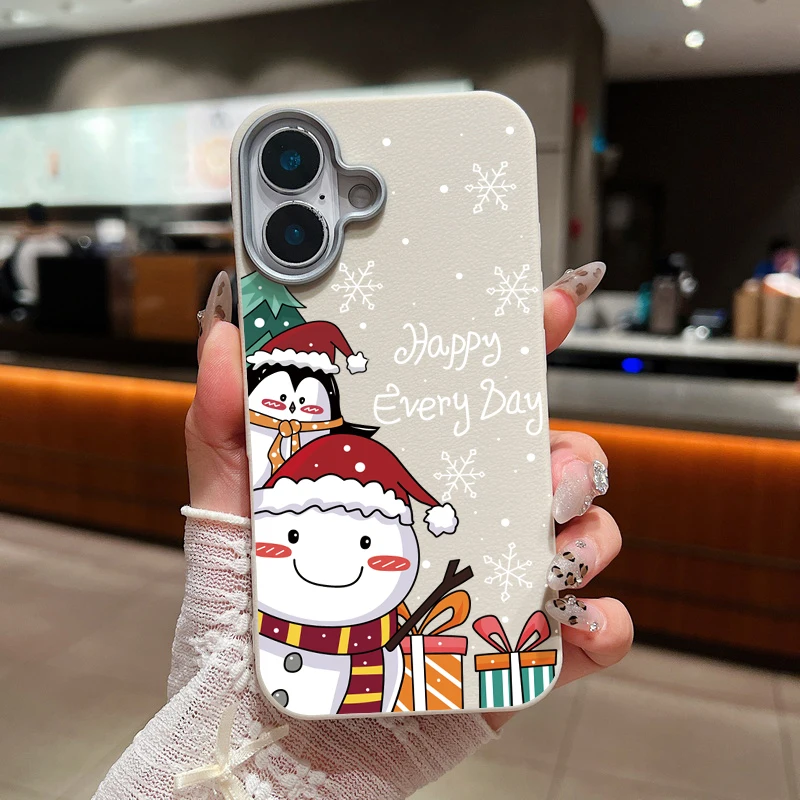 Christmas Penguin Snowman Case For iPhone 16 Pro Max Coque iPhone 11 12 13 14 15 Pro Max SE Leather Texture Soft Silicone Cover